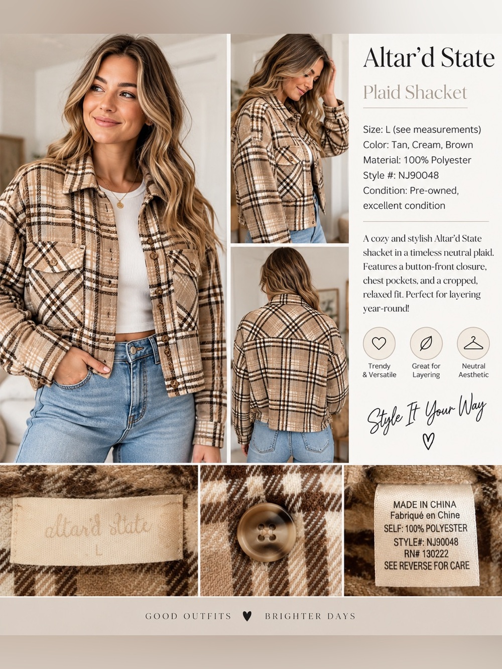 Altar’d State Plaid Cropped Shacket – Size L